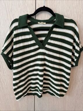 Madewell Striped Green and Cream Polo V‑Neck Knit Top